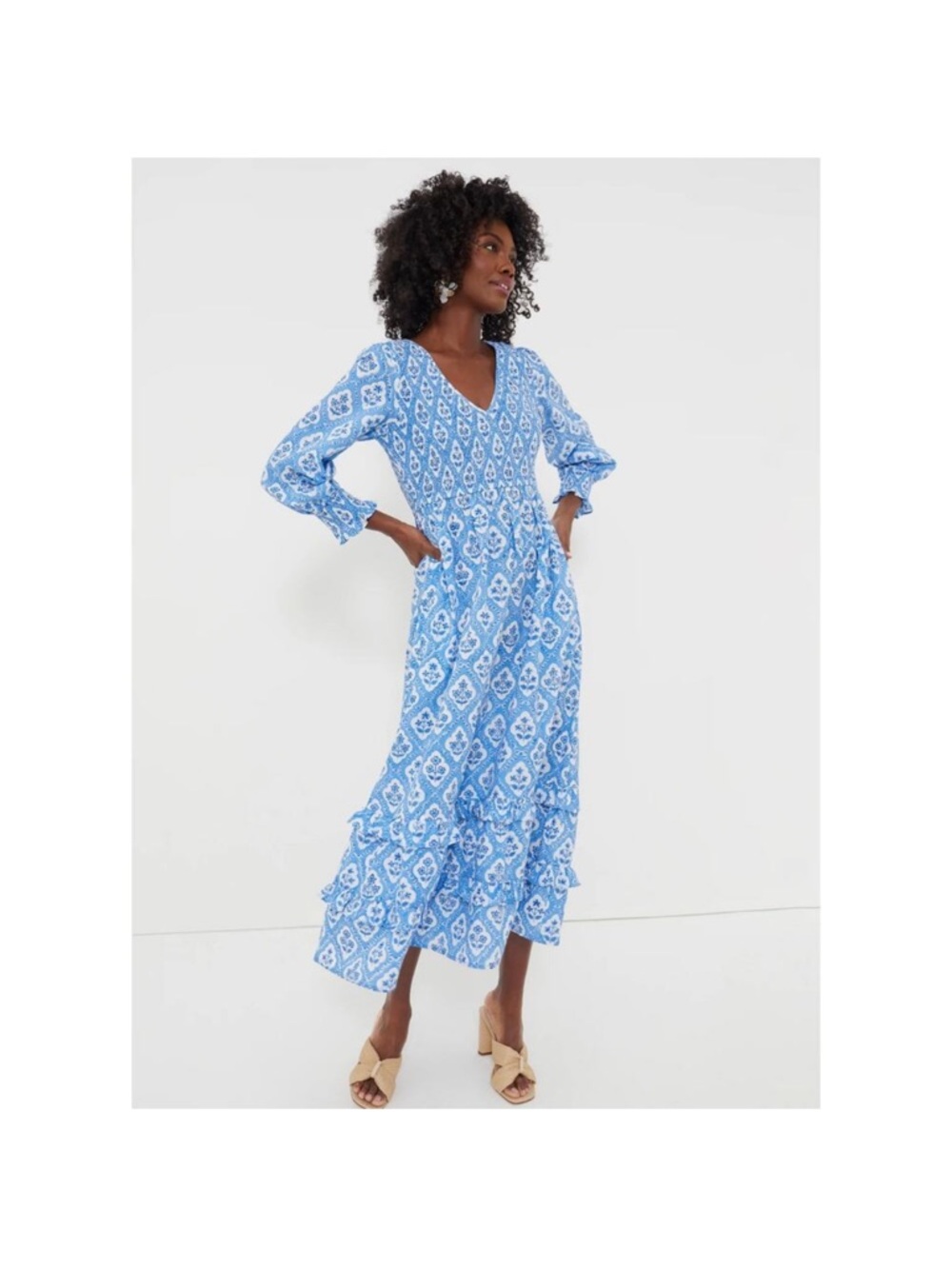 Pink City Prints ocean trellis smocked tiered maxi dress